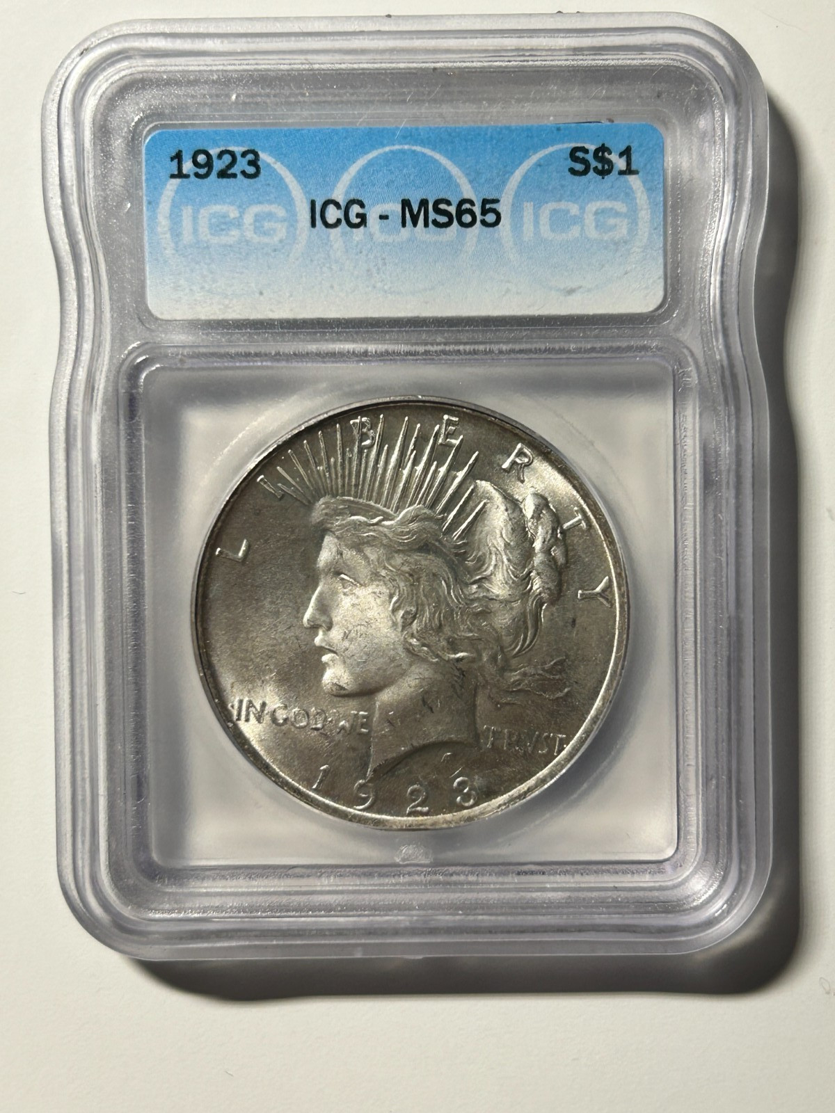 1923 Peace Dollar ICG MS65 Mint State 90% Silver Graded Slabbed American Coin