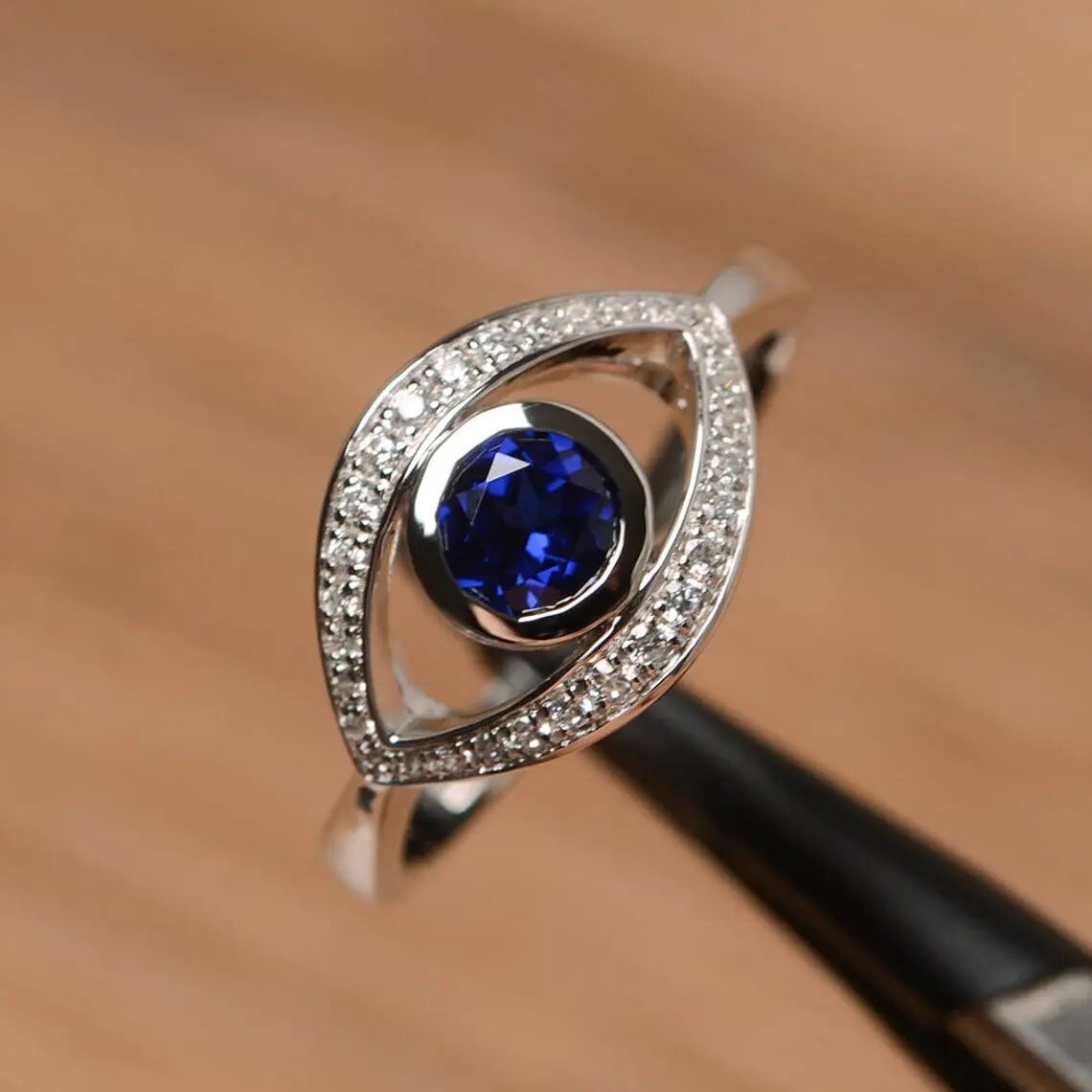Blue Sapphire Women Evil Eye Ring Lab Created Gemstone Sterling Silver Ring