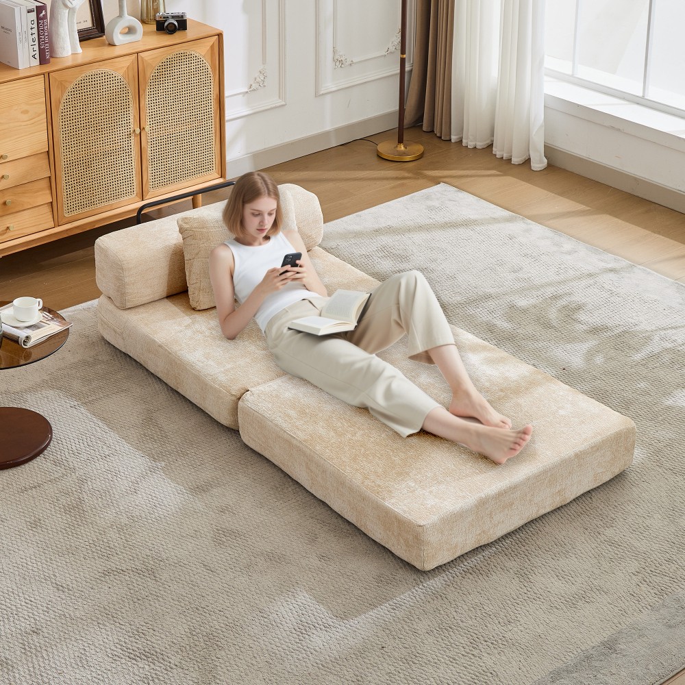Convertible Folding Sofa Bed, Chenille Fabric Single Seat Sleeper, Beige
