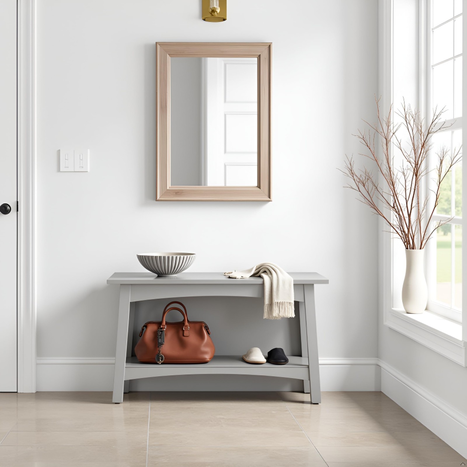Craftsbury 36" Wood Entryway Bench with Storage Shelf – Dove Gray Accent