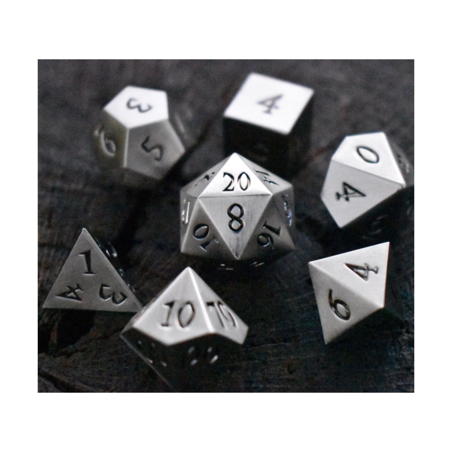 Misty Mounta Metal Dice  Poly Set - Brushed Silver Sharp-Edged Metal Dice  New
