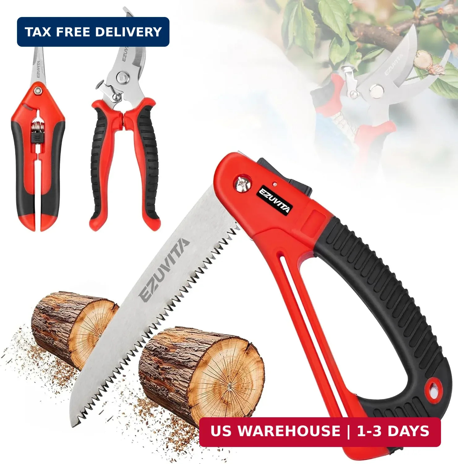 3PCS Gardening Tool Set Folding Saw 7" Pruner Shears Stainless