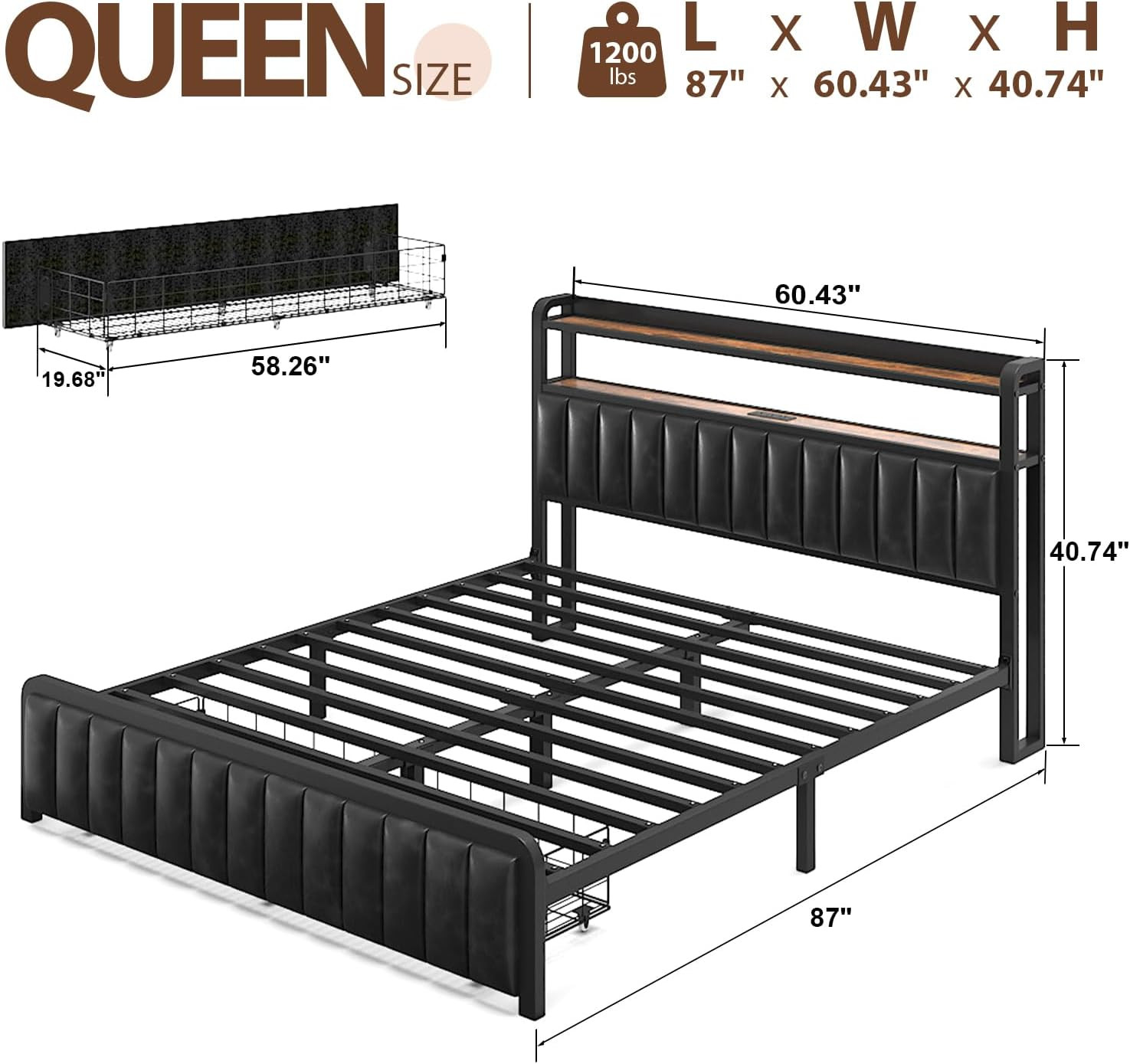 Queen Size Bed Frame and Upholstered Storage Headboard, LED Light, Black | Built