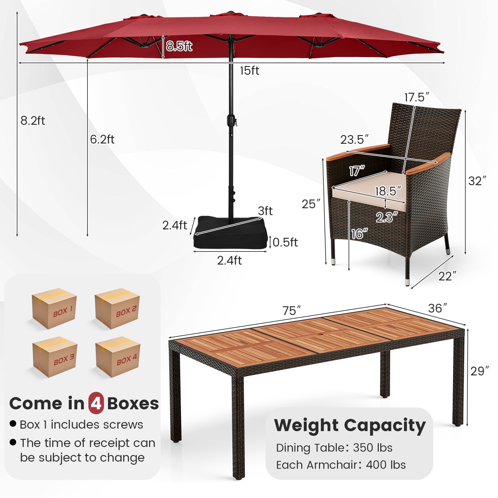 11 PCS Patio Dining Set with 15ft Double-Sided Patio Umbrella (Base Included)