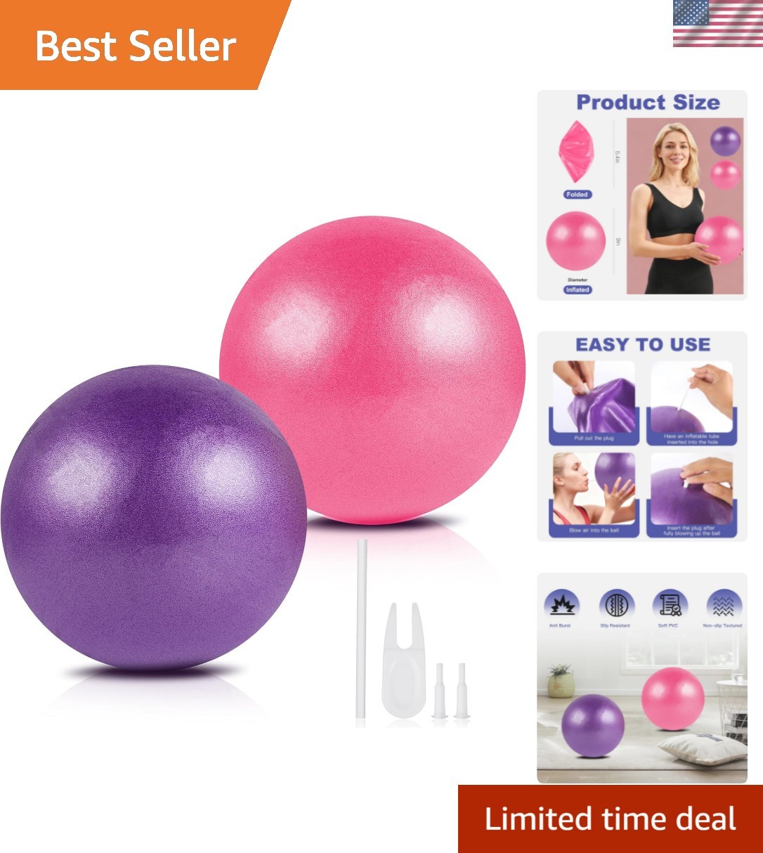 Pilates Ball 2P, 9 Inch Workout Ball for Women Men Kid Toddler, Small Exercis...