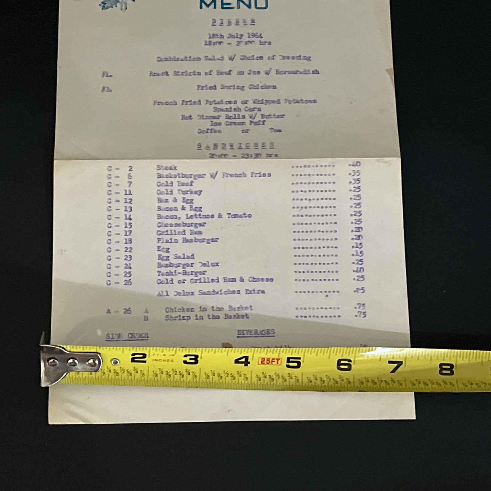Kanto Base Japan Command NCO Open Mess Menu 1964