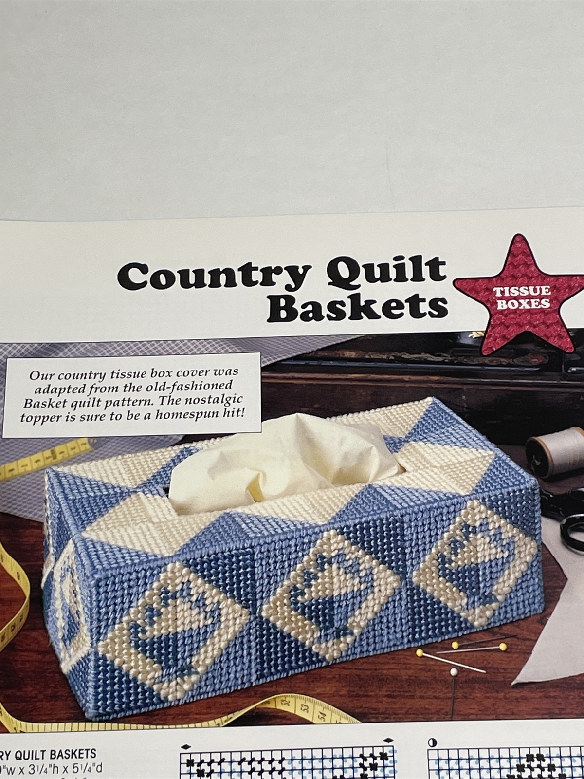 Country Quilt Baskets Tissue Box Leisure Arts Plastic Canvas Pattern