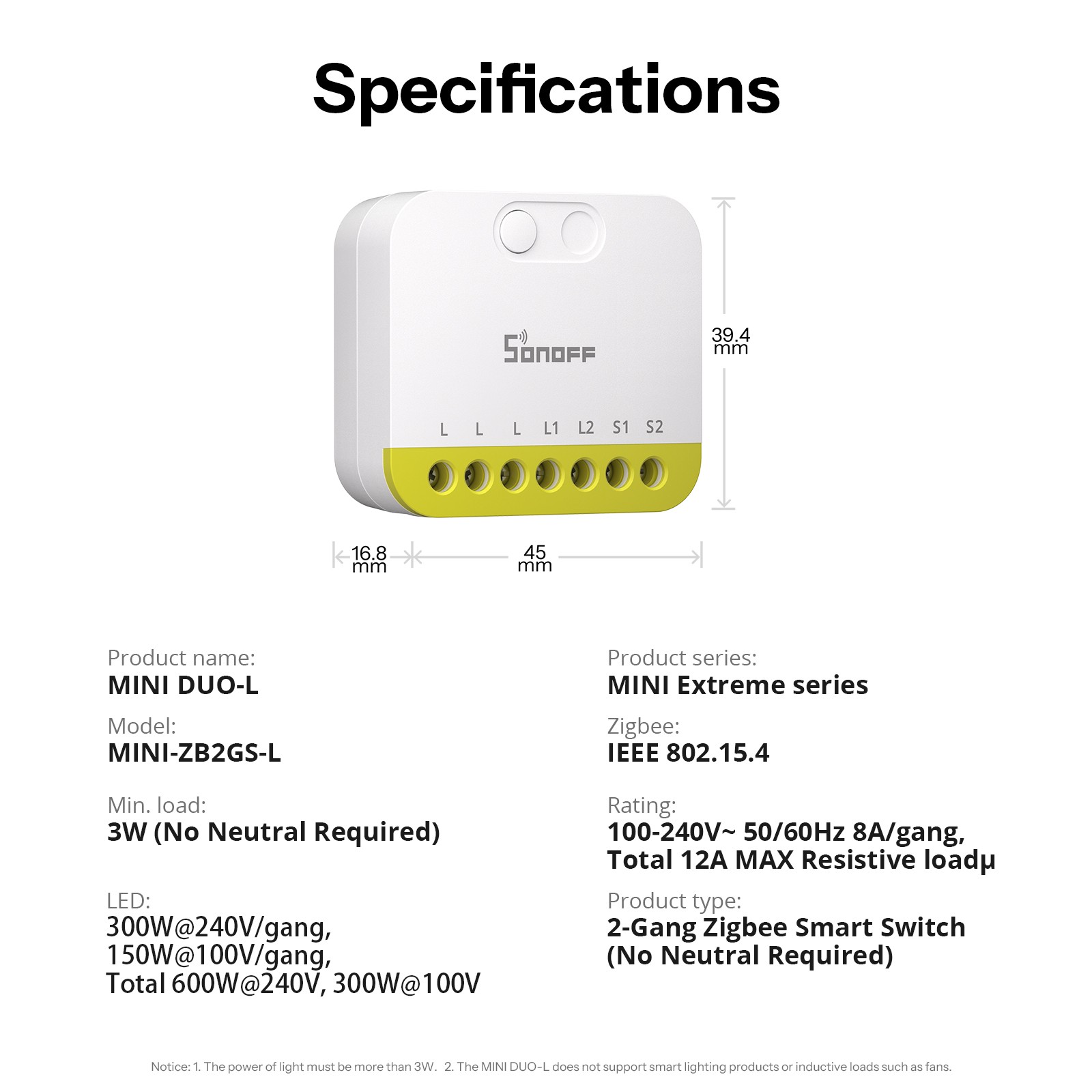 SONOFF MINI DUO-L Dual Channel Smart Light Switch Zigbee 3.0 No Neutral Required
