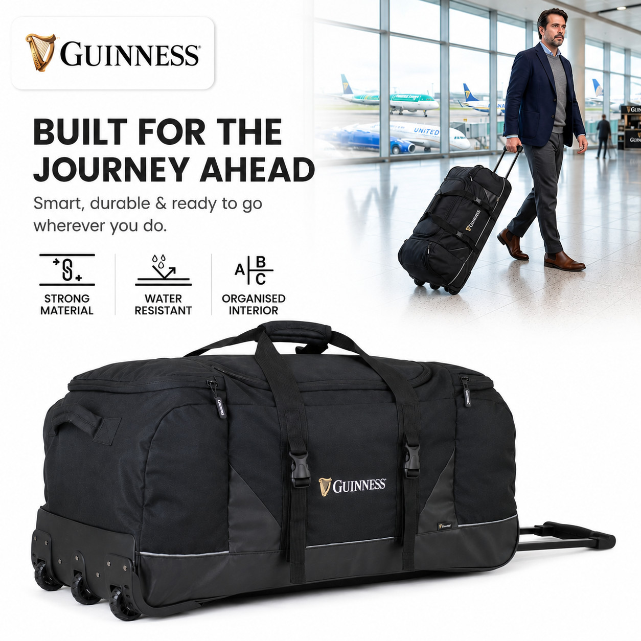 Guinness Large Wheeled Holdall 80cm – Official Durable 3-Wheeled Travel Bag 92L
