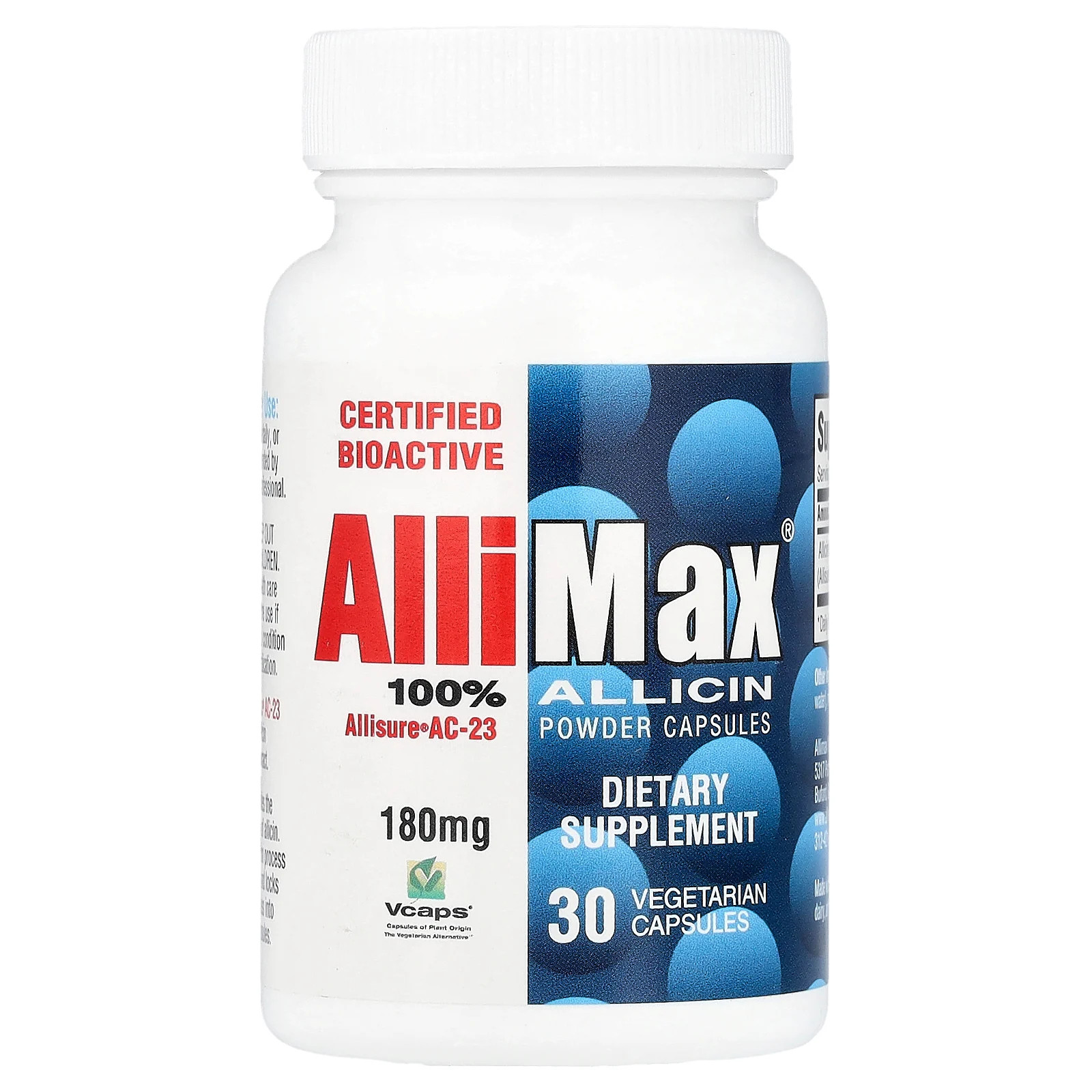 Allimax 100 Allicin Powder Capsules 180 mg 30 Veggie Caps Dairy-Free,