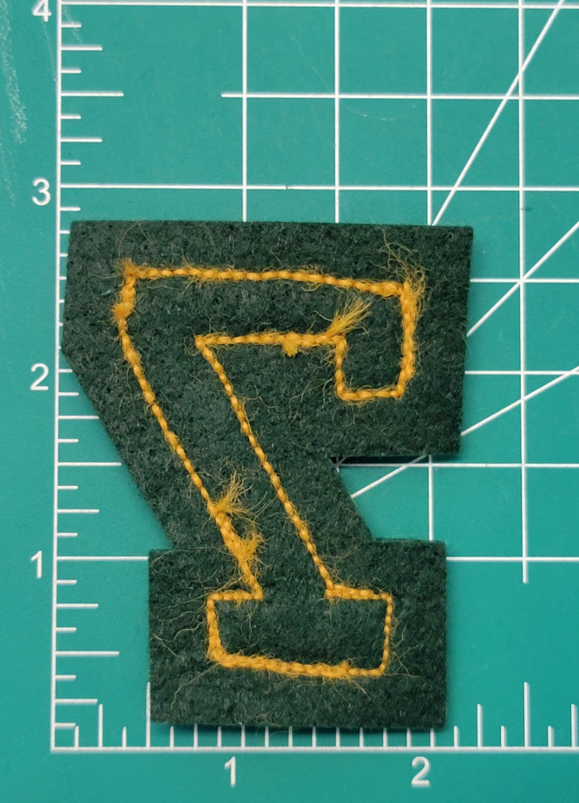 #77 Varsity Letterman Jacket Felt Patch tan Bronze? and green 3"