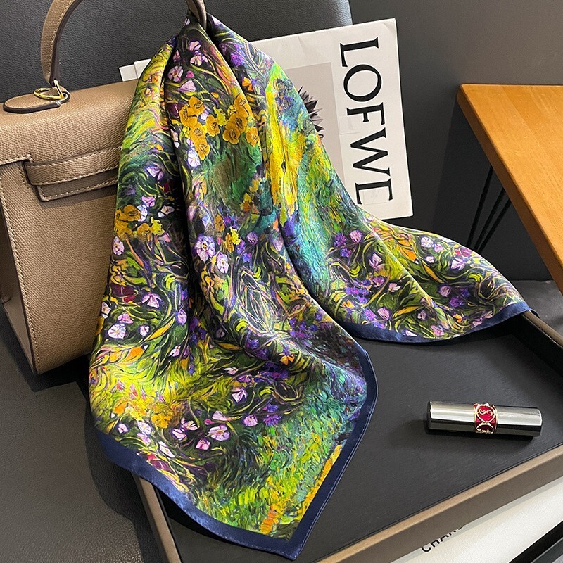 100% Silk 27" Square Scarf Women Neckerchief Wrap Bandana Floral Oil Painting