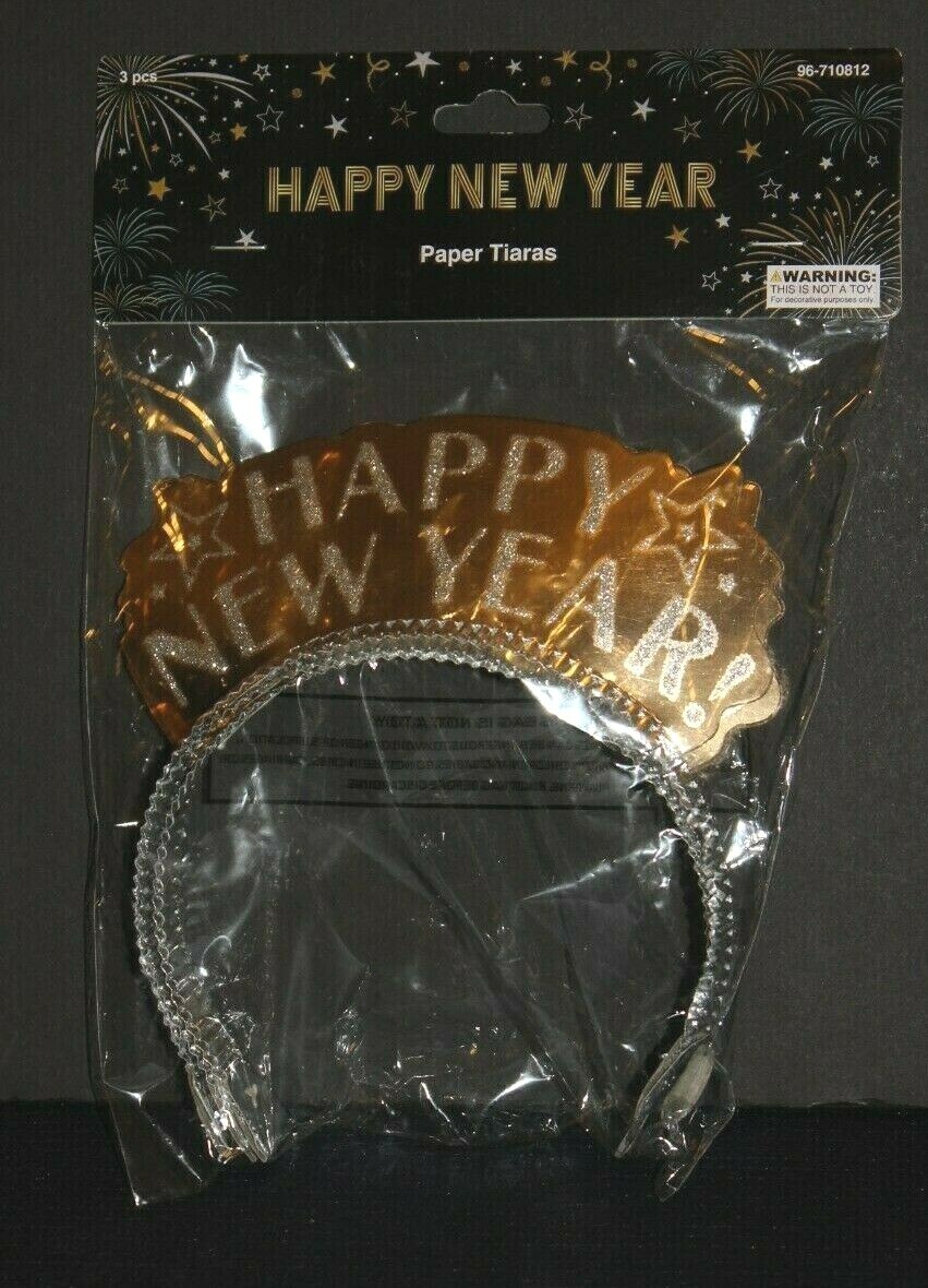 3 pcs Happy New Year, Paper Tiaras, Headbands, Party Favors, Gold and Silver