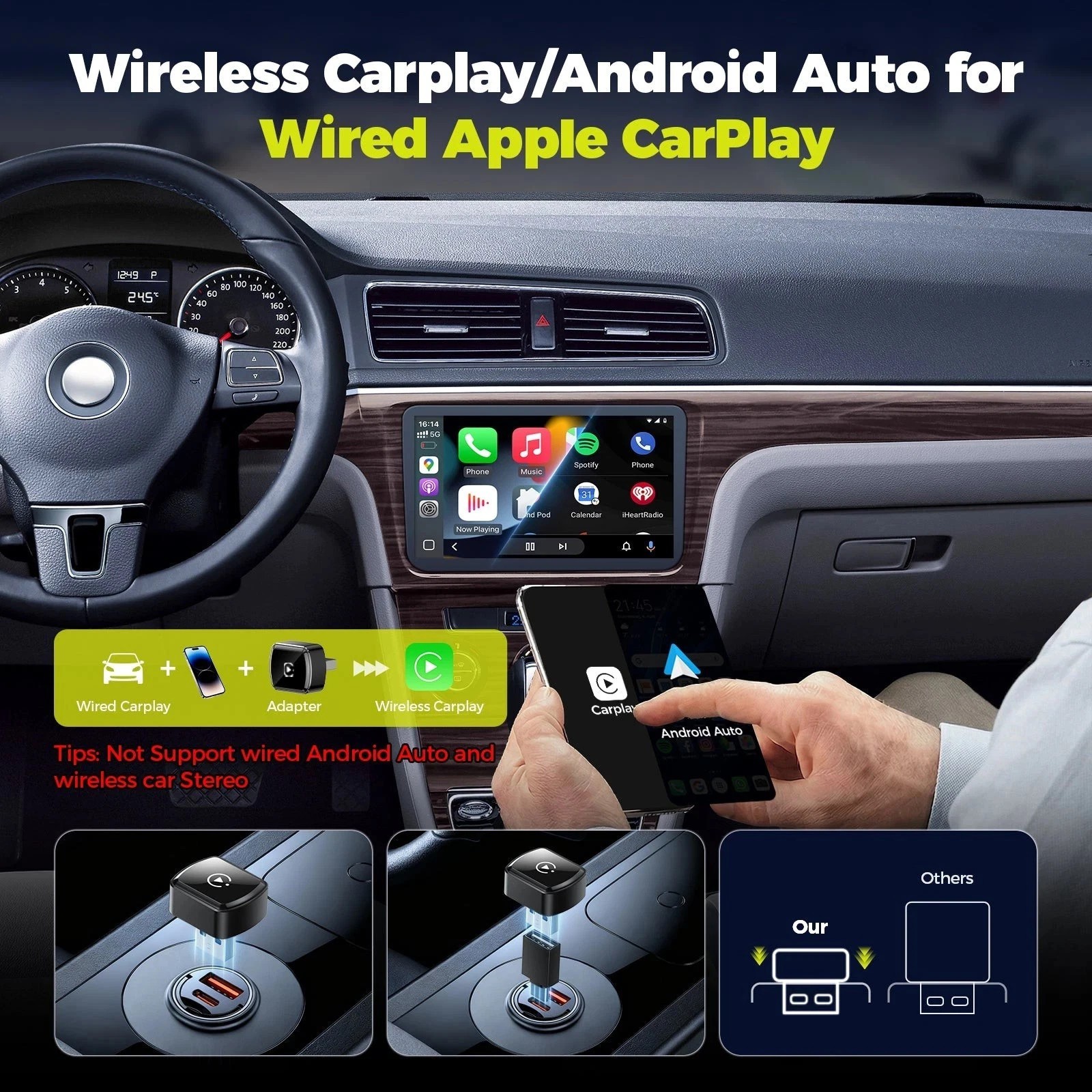 4 in 1 Carplay Wireless Adapter for iPhone Android USB Car Dongle Plug & Play