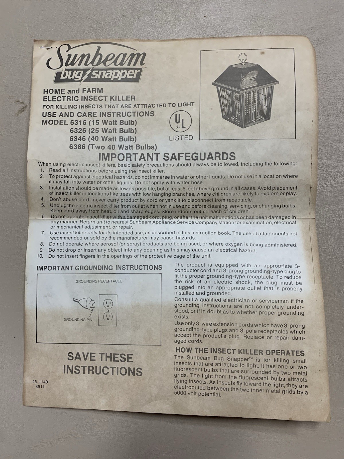 Vintage Sunbeam Bug Zapper Lantern Model 6386 (Tested) Double Bulb (Extra Bulb)