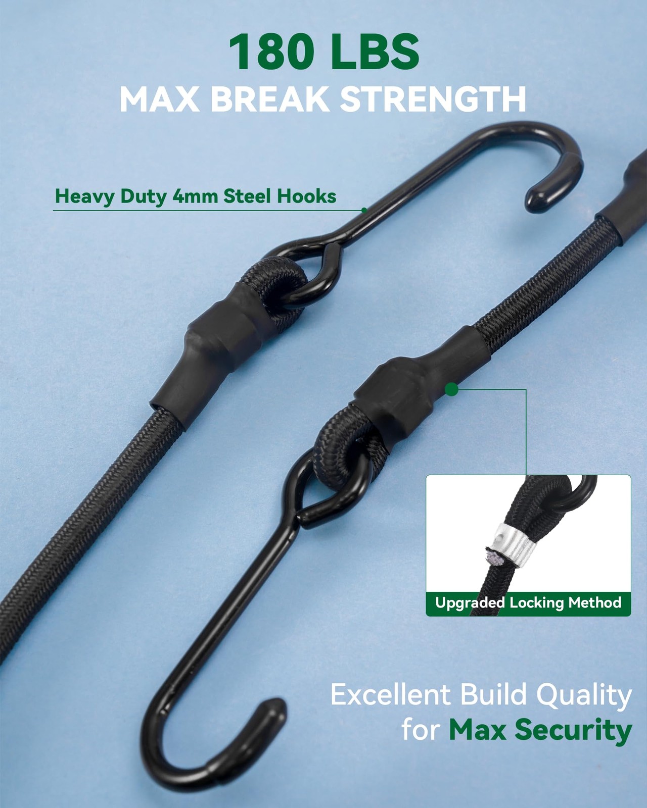 6 Heavy Duty Bungee Cords, 180 lbs Strength, Rust-Resistant, 10 Pack