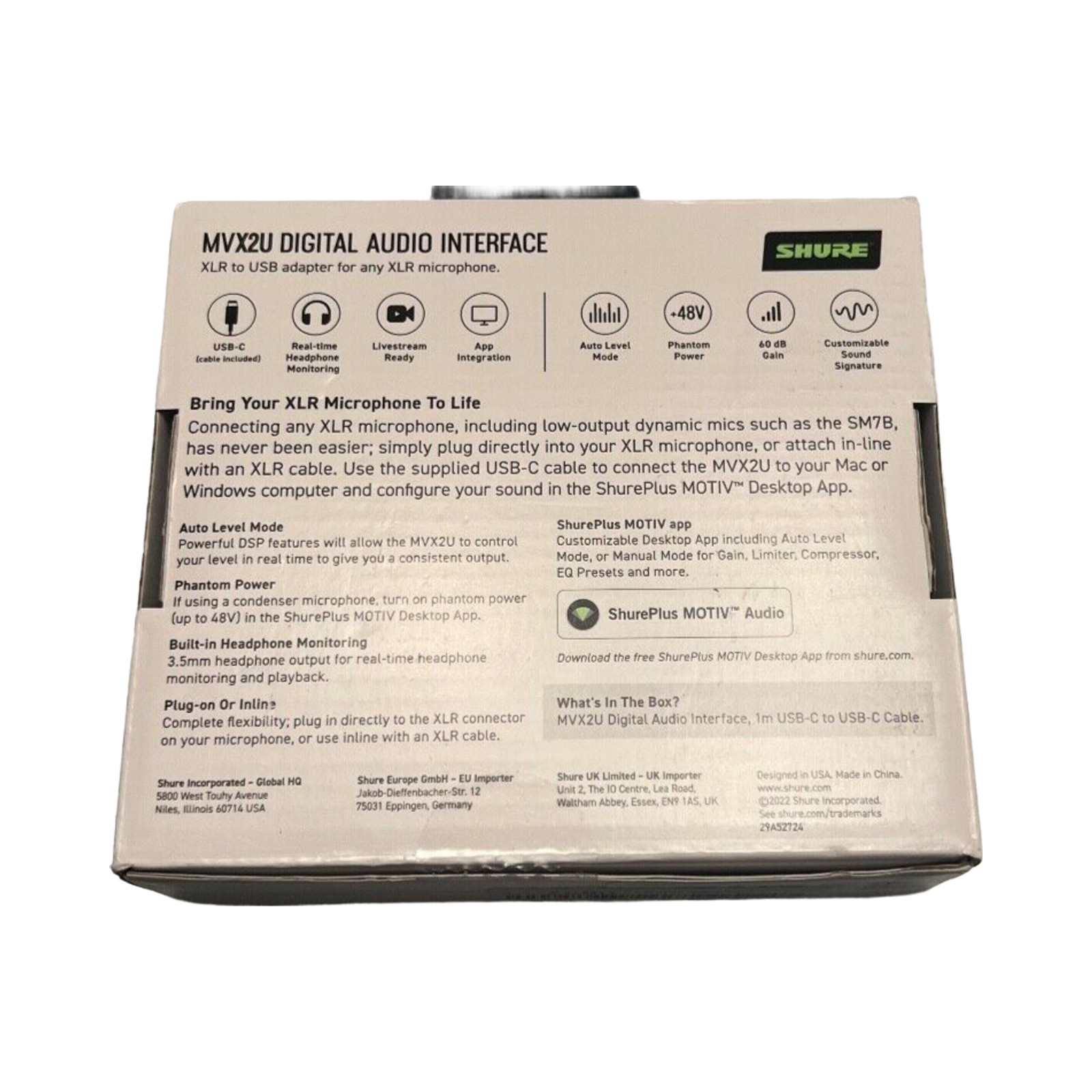 Shure MVX2U Interface Mic XLR to USB Microphone Adapter to USB-C for Computer PC
