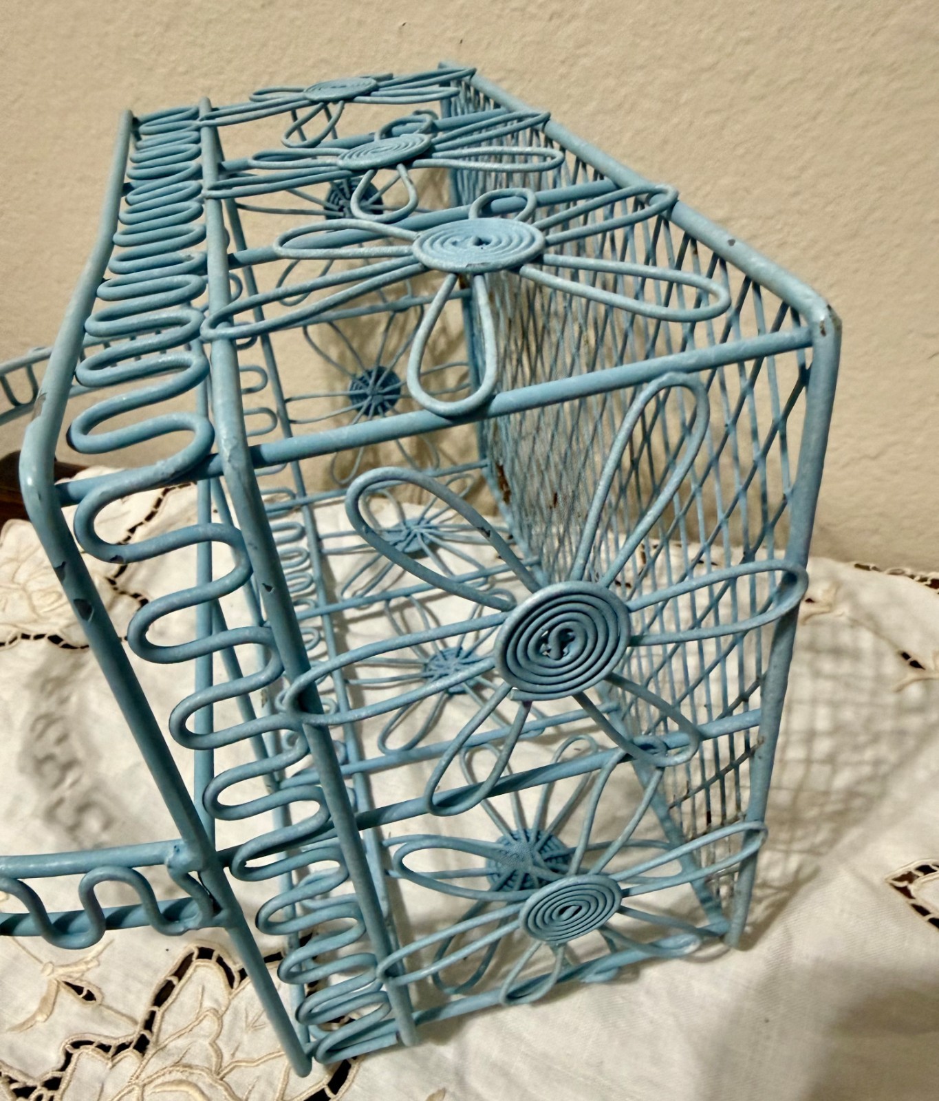 Vintage Metal Covered Sectional Spring Rustic Basket Eggshell Blue