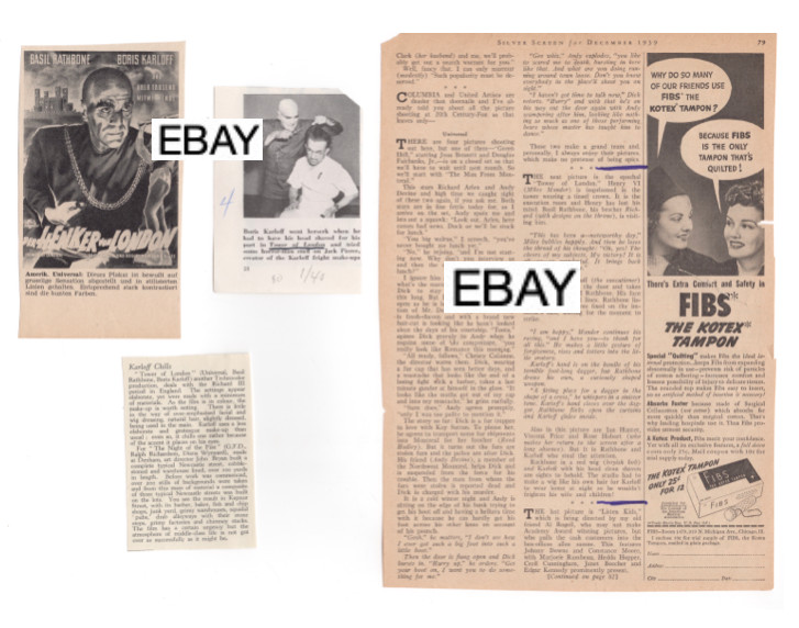 1939 ORIG BORIS KARLOFF TOWER OF LONDON MOVIE CLIPPINGS REVIEW FAMOUS MONSTERS