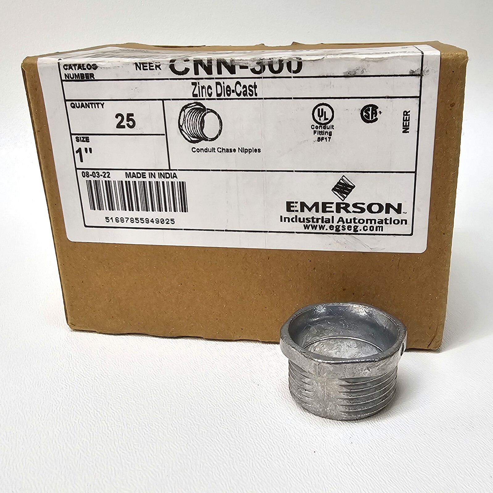 Box Of 25 ~ NEER™ Emerson CNN-300 ~ 1" Zinc Die-Cast Conduit Chase Nipple