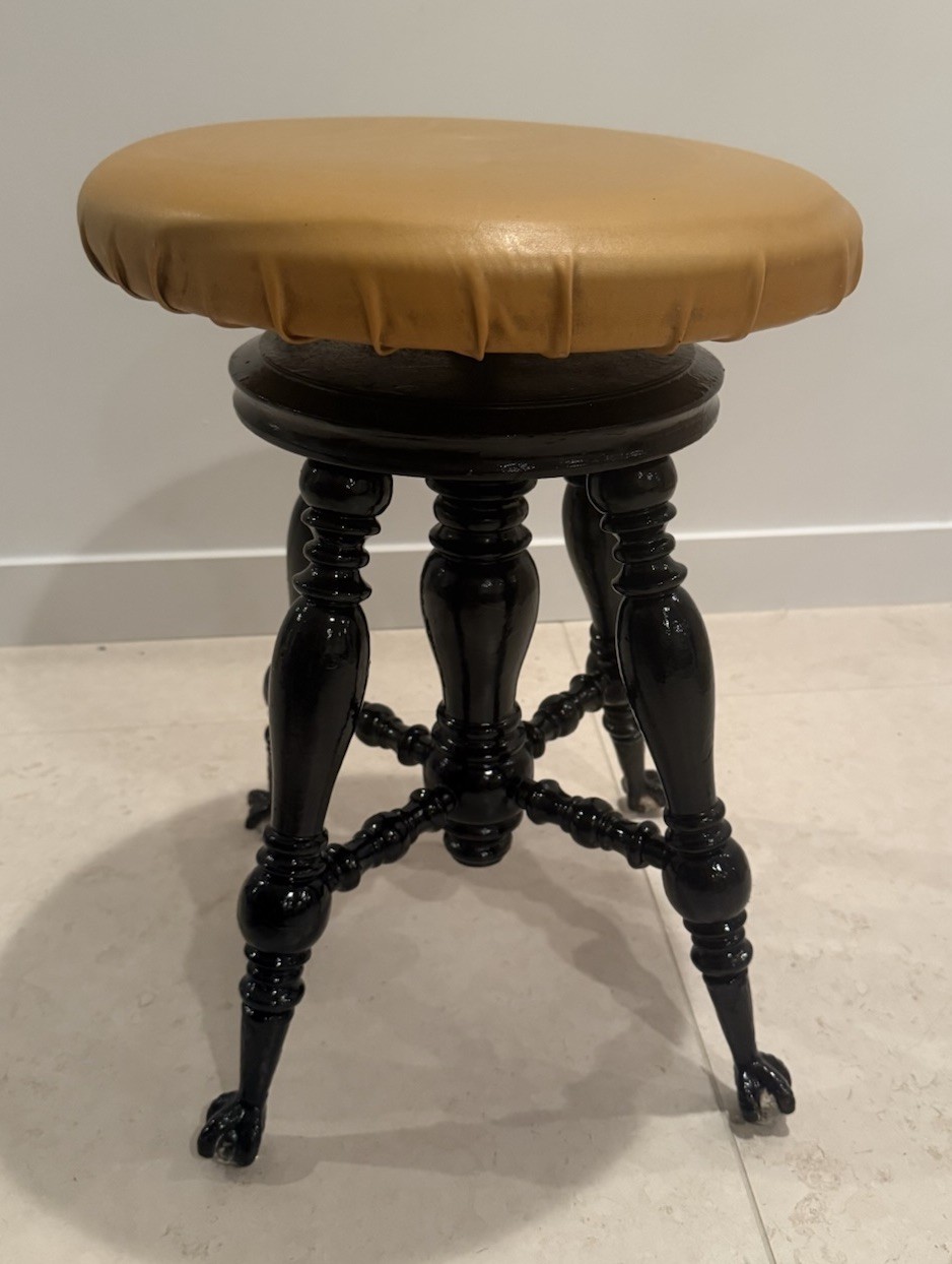 Antique Victorian Wooden Piano Stool Padded Seat, Glass Ball & Claw Feet 20x14