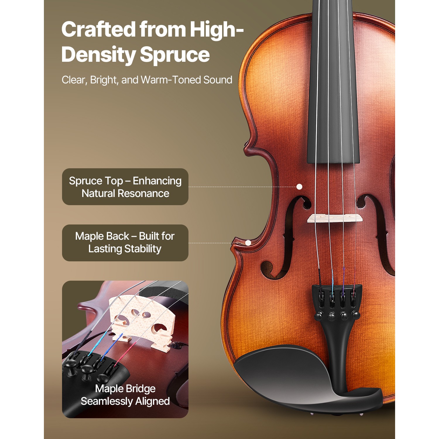 Violin 1/4 Size Fiddle Set Solidwood for Beginners with Case Rosin Brown