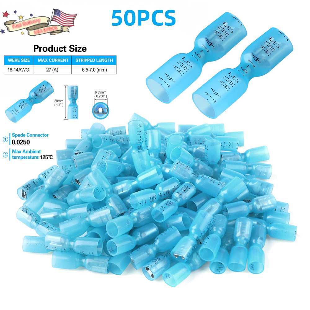 50pcs 16-14AWG Gauge Heat Shrink Blue Spade Female Wire Connector Crimp Terminal