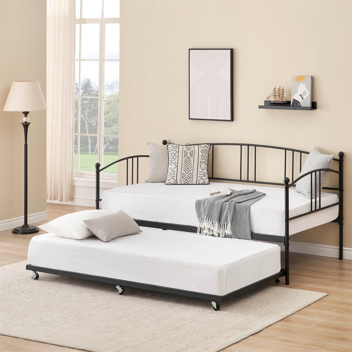 ⏯Metal Daybed with Trundle Daybed Frame with Headboard and 6 Casters Guest Sofa