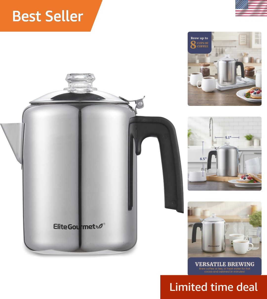 Versatile Stainless Steel 8-Cup Coffee Percolator - Ideal for Home & Camping