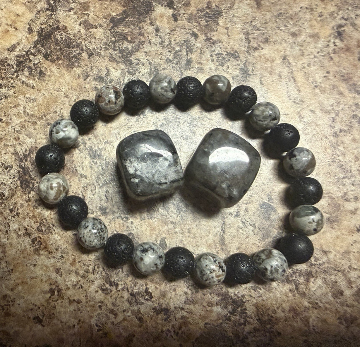 Handcrafted Beaded Bracelet Natural Stone Black Gray Round Shape Round Beads
