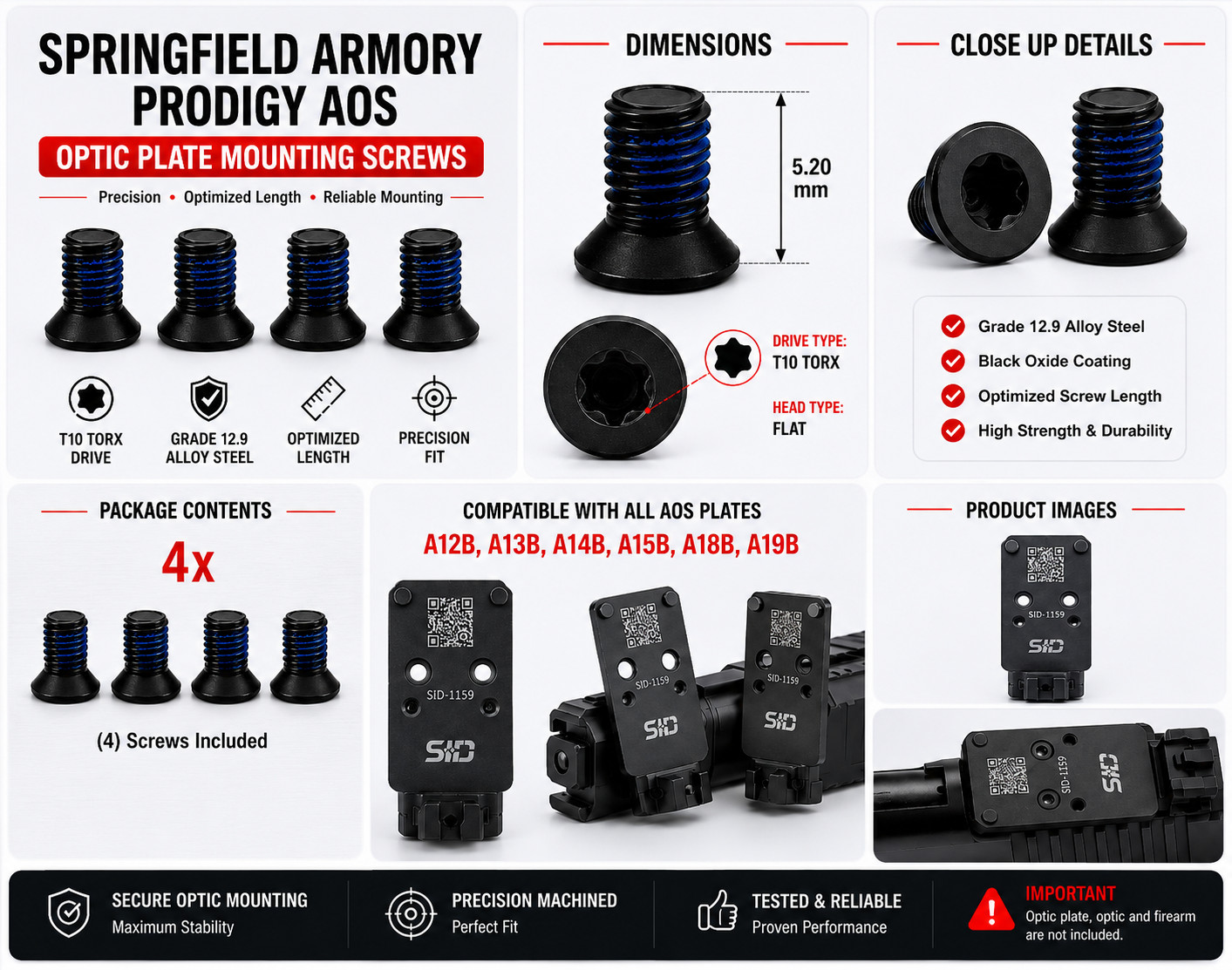 Springfield Armory Prodigy AOS Screws NEW UPDATED LENGTH + Blue Threadlocker