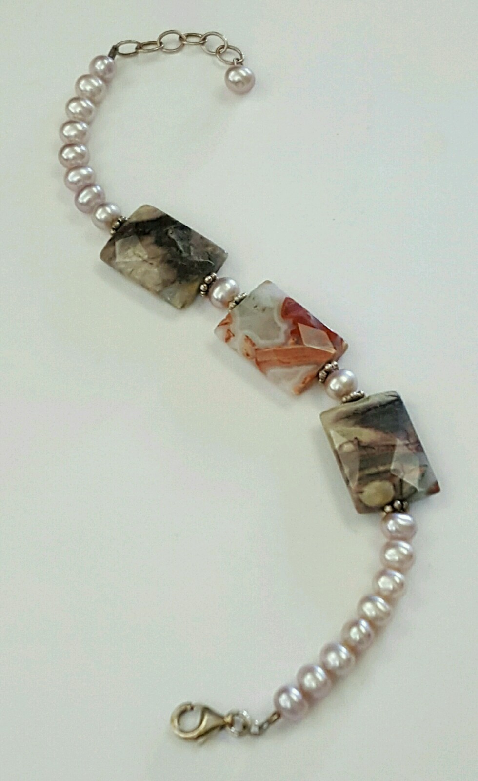 Artisan Bracelet Faceted Silver Leaf Jasper Pearls .925 Silver Handcrafted USA