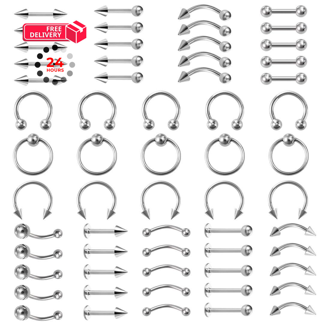 Juland 60 PCS Piercing Kit Body Surgical Steel Belly Button, Silver