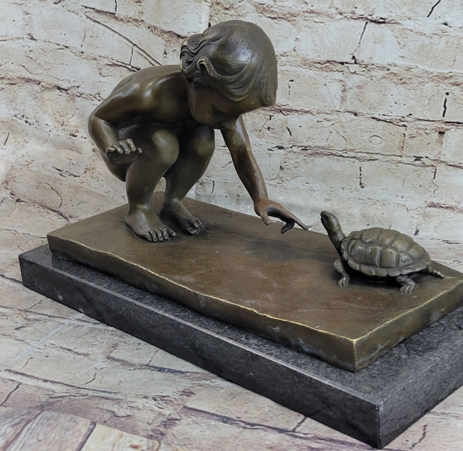 Handcrafted Signed Aldo Vitaleh Little Girl Playing With Turtle Bronze Artwork