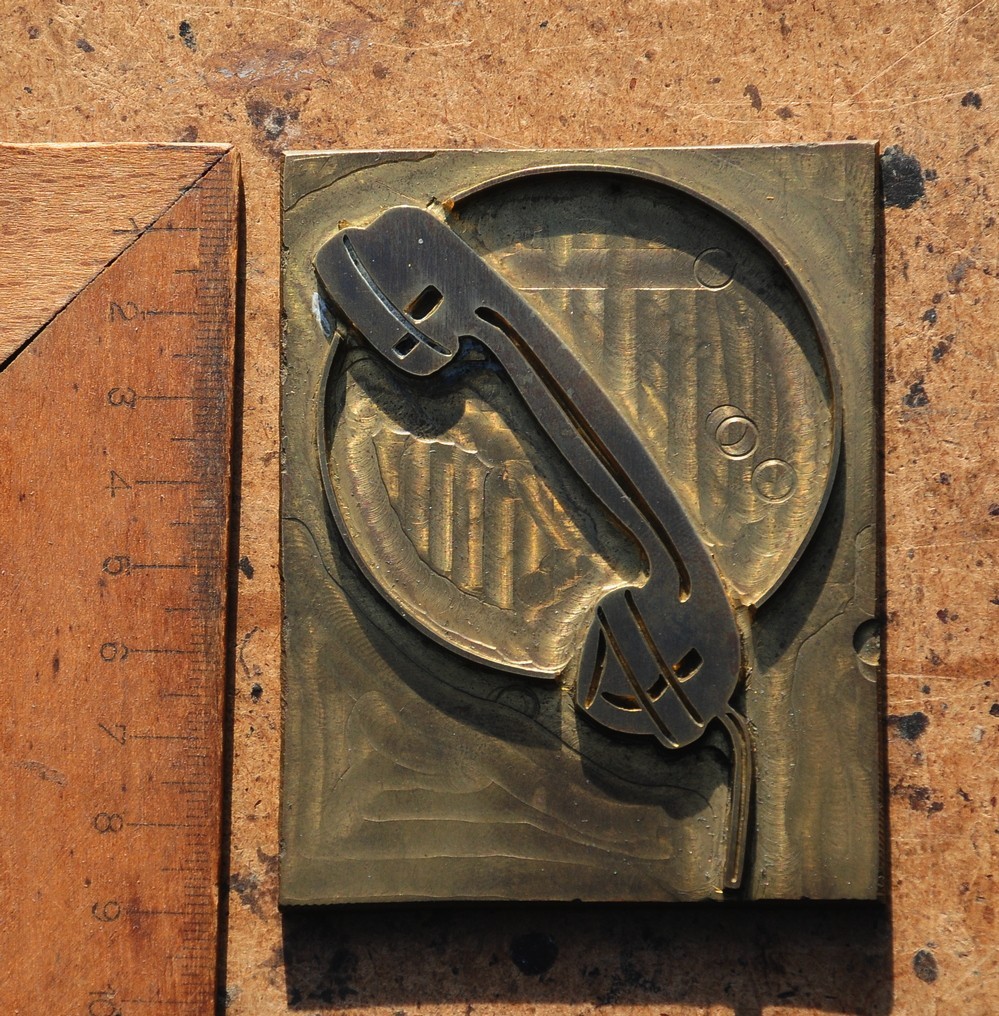 brass ornament bookbinding hot foil stamp embossing plate Art Nouveau telephone