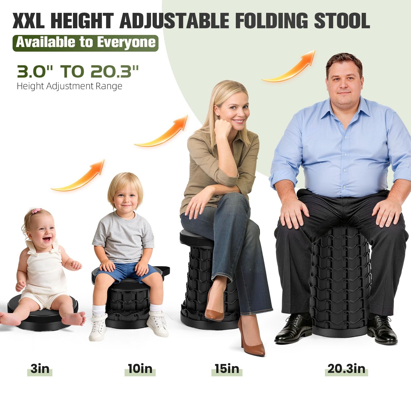 Collapsible Stool Max 1000lb Capacity, 12 Adjustable Heights - Portable