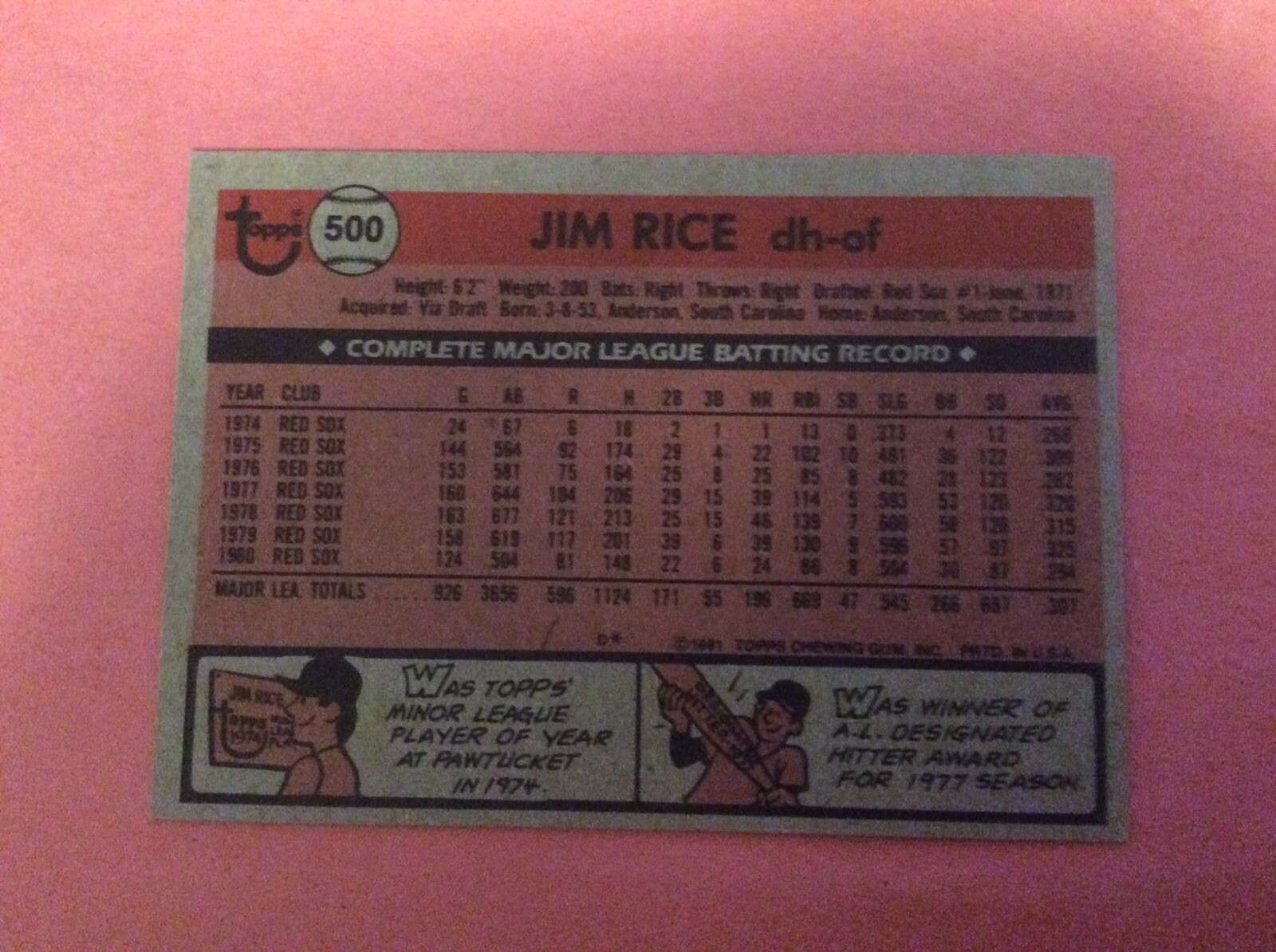 1981 Topps #500 Jim Rice Autograph.