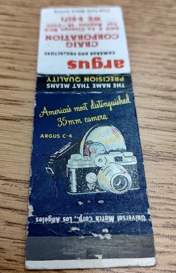Argus Cameras C-4 Matchbook Cover Craig Corporations Los Angeles CA 35mm Vintage