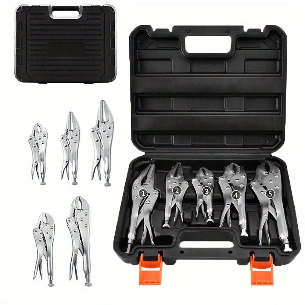 5-Piece Heavy-Duty Locking Pliers Tool Set with Case, 5", 7" & 10" Curved Jaw