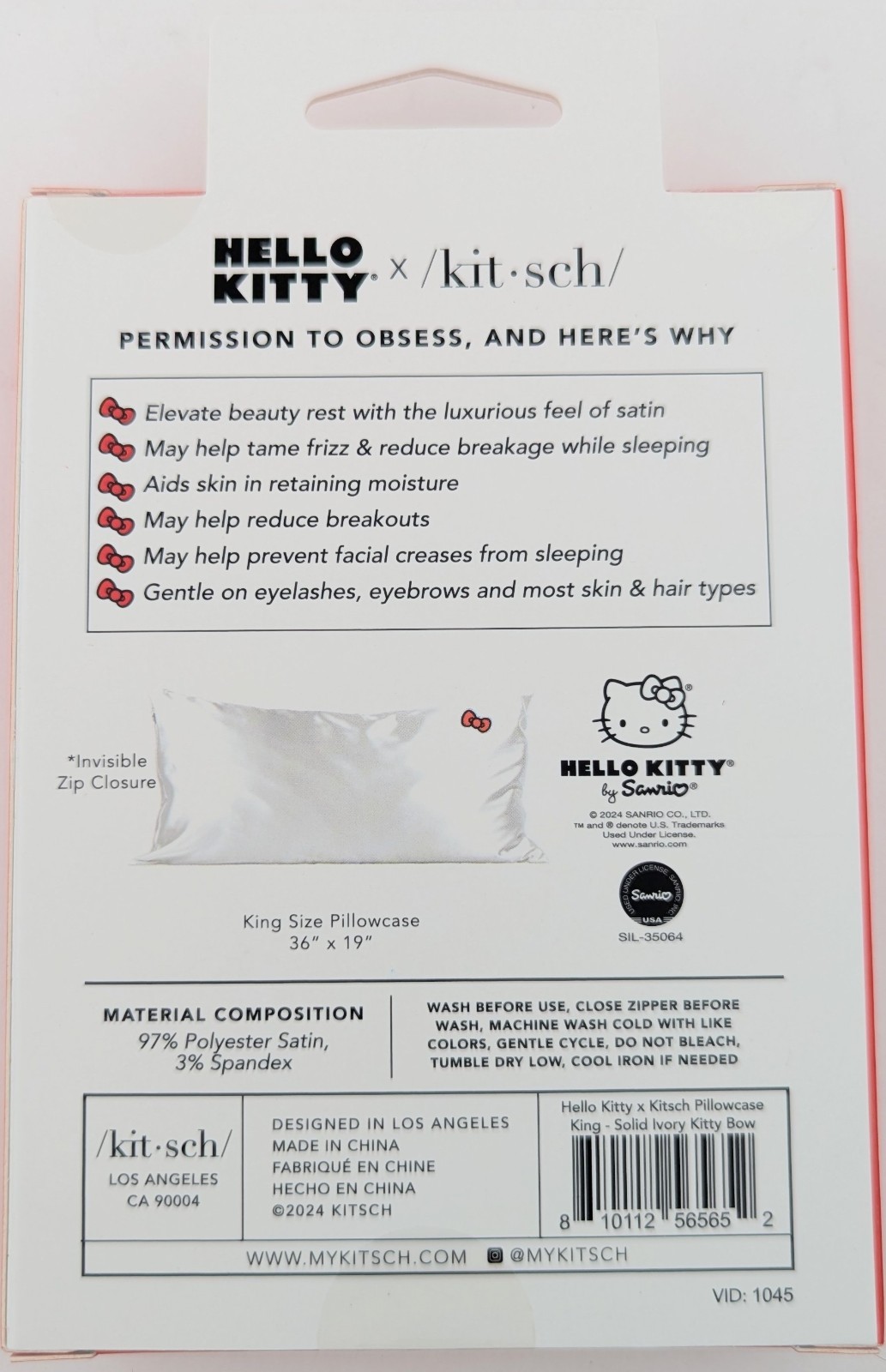 Kitsch Hello Kitty King Size Satin Pillowcase Solid Ivory With Red Bow 36" x 19"