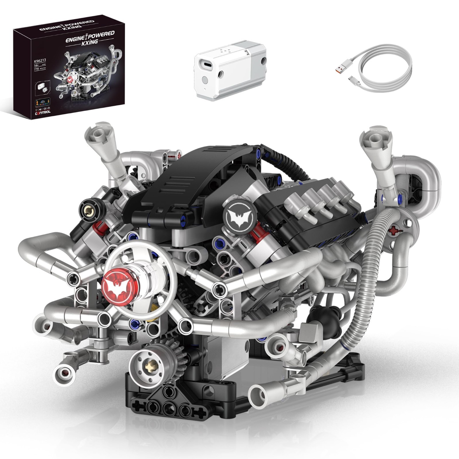 Motorized Mini V8 Engine Model Kit, 770PCS STEM Building Set with Lights, DIY Gi