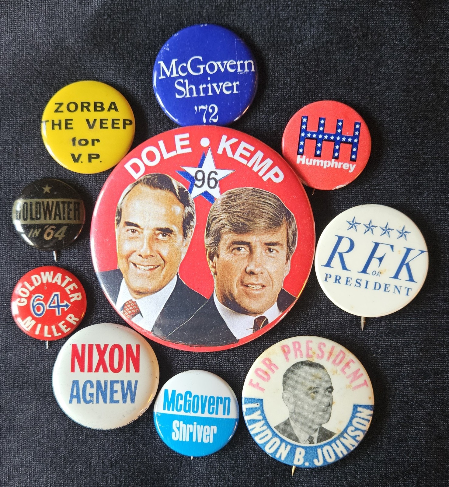 Vintage US Political Campaign Pinback Buttons Lot of 10 Dole Kemp Nixon RFK LBJ