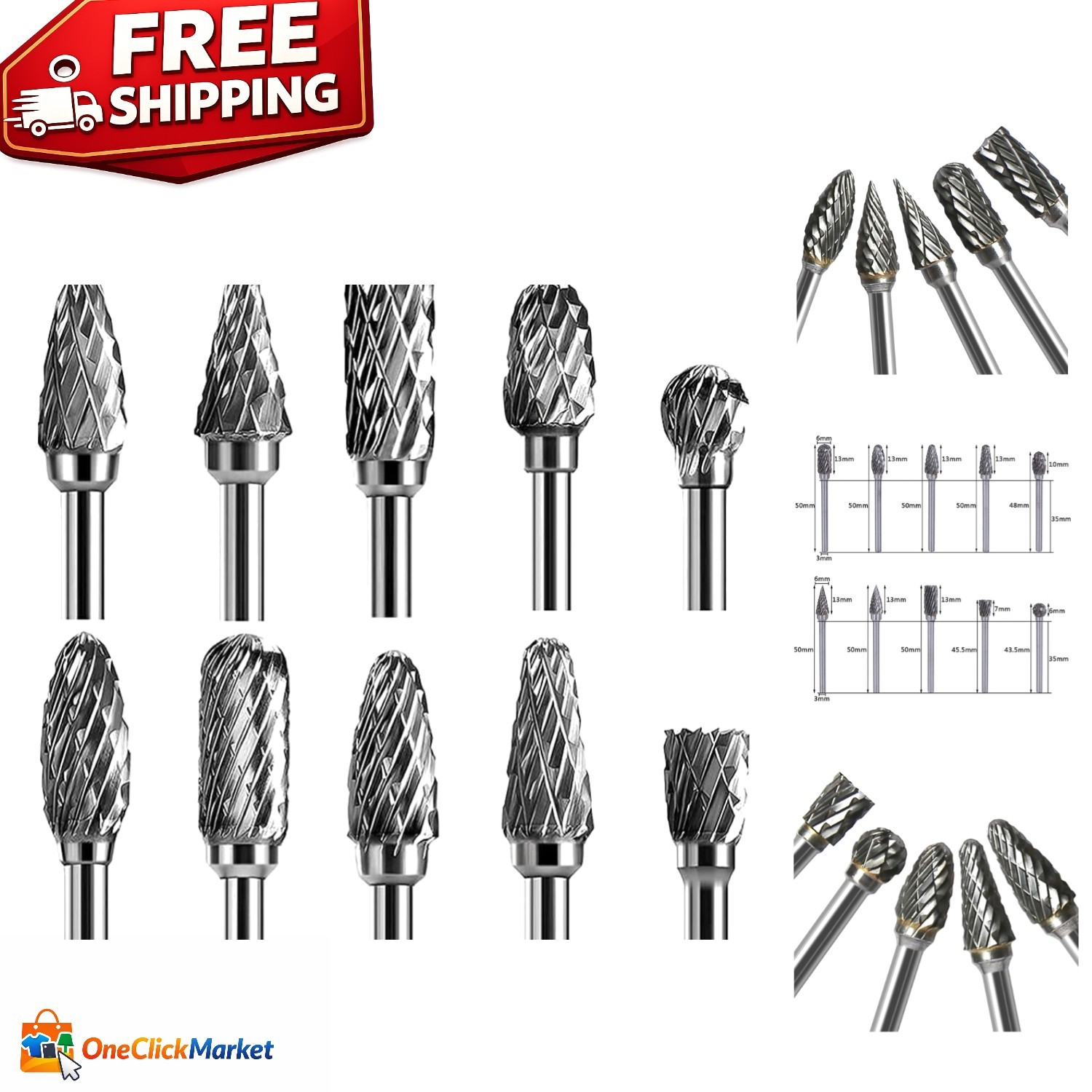 Versatile Rotary Burr Set - Tungsten Carbide, 1/4" Head for Metal and Woodwork