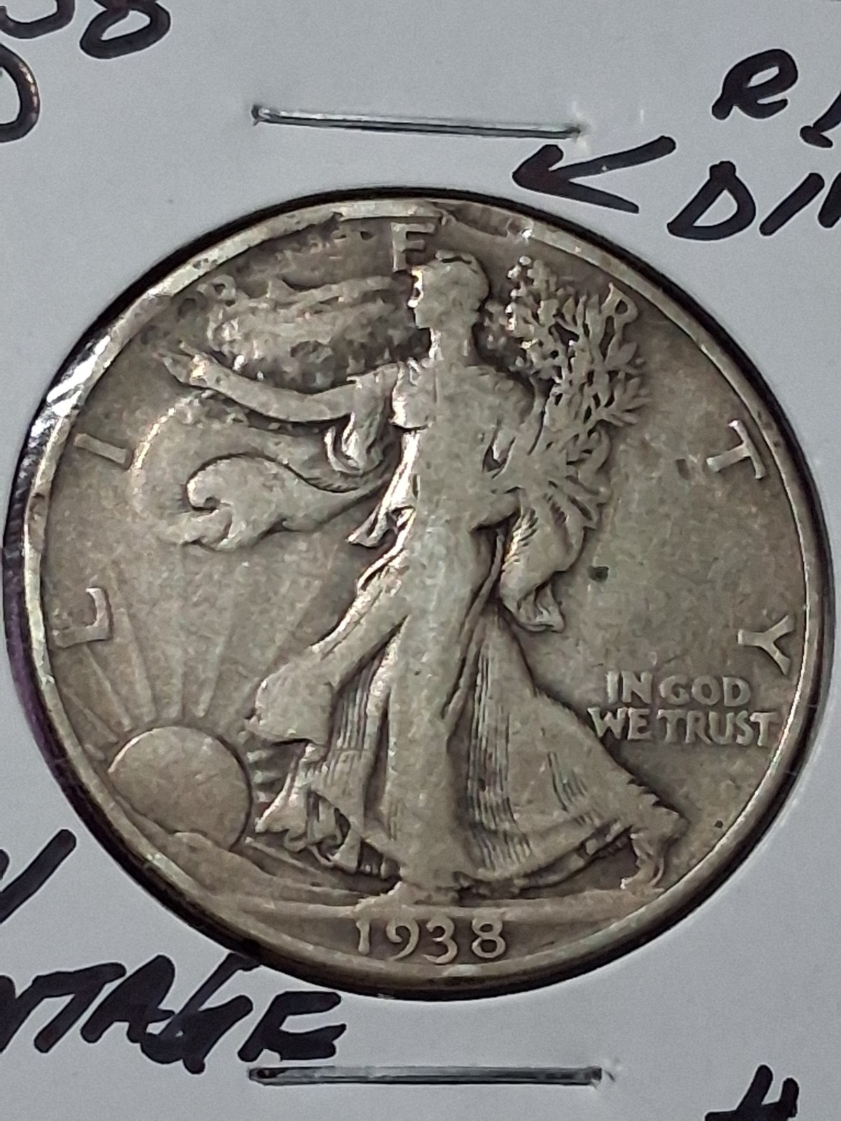 1938-D WALKING LIBERTY HALF DOLLAR. KEY DATE. 510,000 MINTED. VF CONDITION