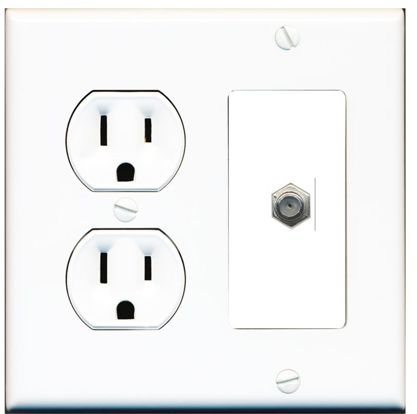 (2 Gang Decorative) 15 Amp Round Power Outlet Coax Cable TV Wall Plate - White
