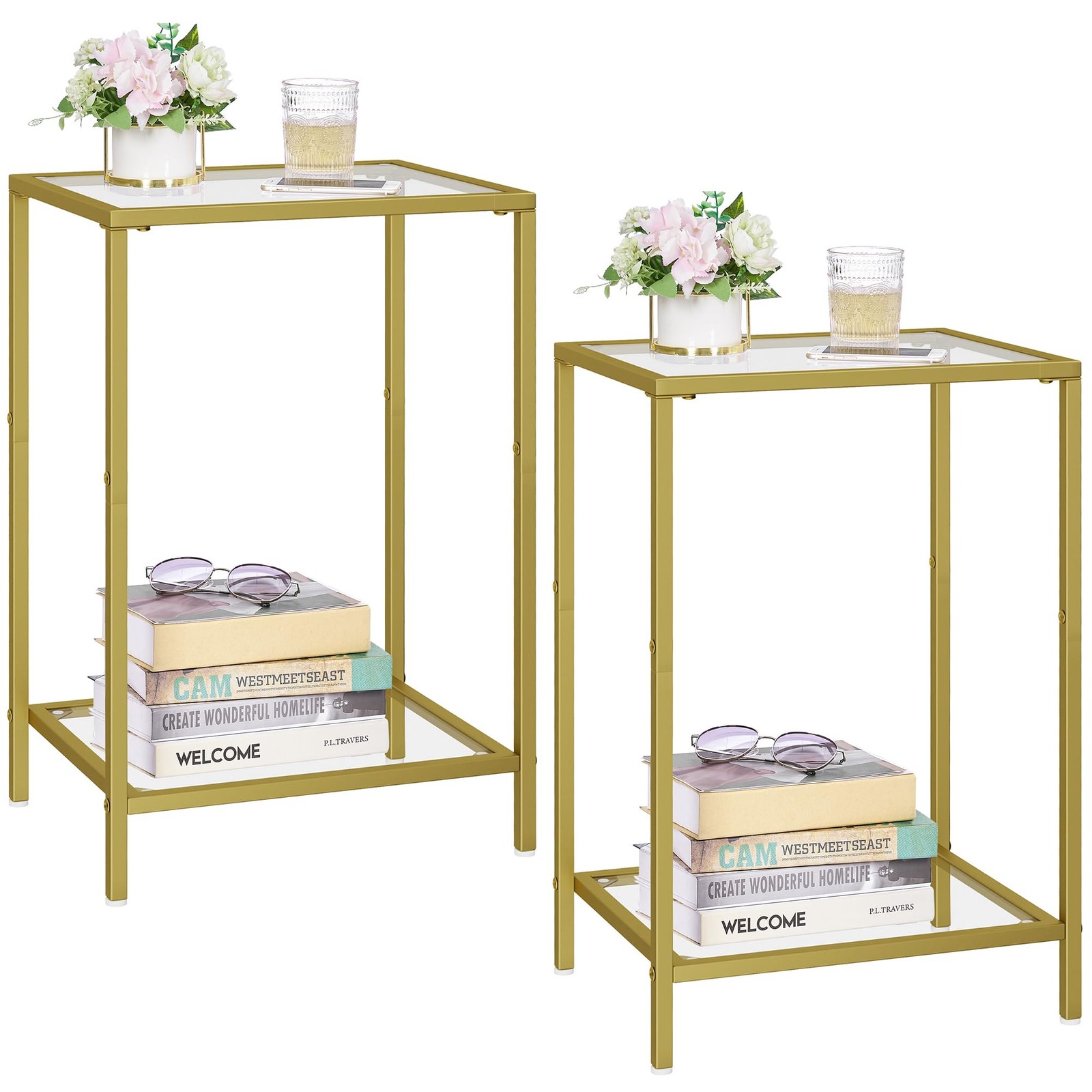 Side Tables Set of 2 with Tempered Glass, Slim End Tables