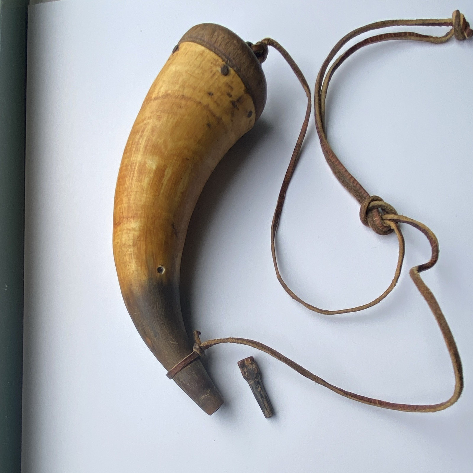 Antique Black Powder Powder Horn Flask w/ Leather Strap, Muzzleloader Load Type