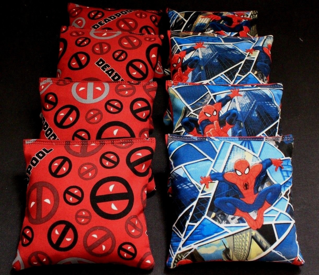 8 ACA Regulation Corn Hole Bags w DEADPOOL VERSUS SPIDERMAN SuperHero Fabric