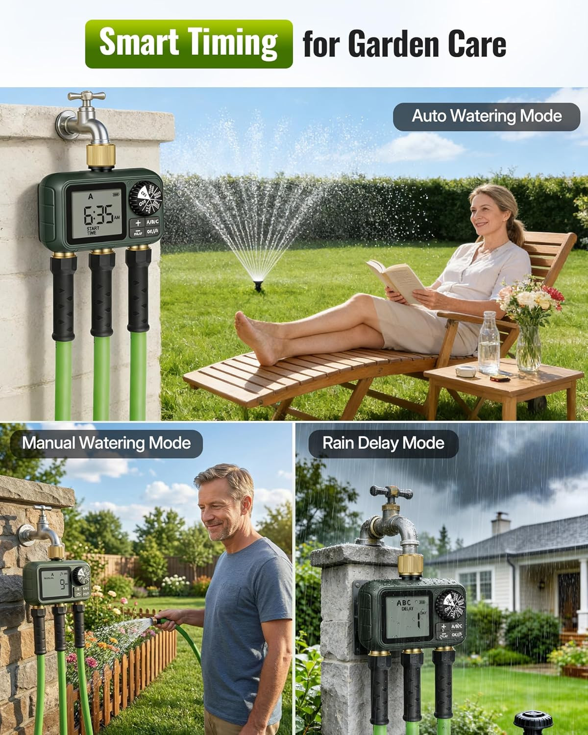 Programmable Brass Sprinkler Timer with 3 Outlets for Garden & Lawn Care