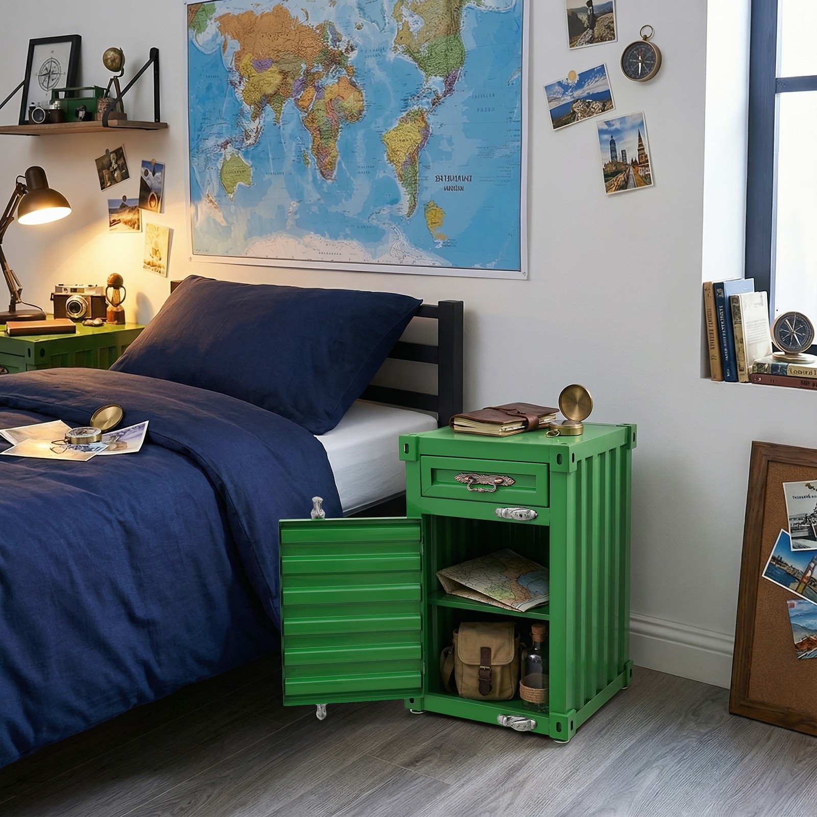 Industrial Metal Container Side Table, Container Style Side Table with Drawer